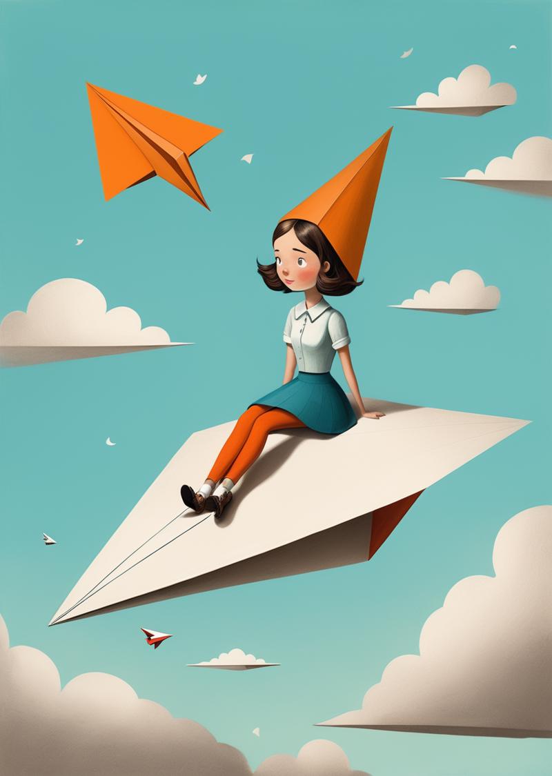 00457-2848242352-1 young woman_dutch angle _sitting on a  paper airplane,  __cartoon  surreal, whimsical_ (by Oliver Jeffers).png